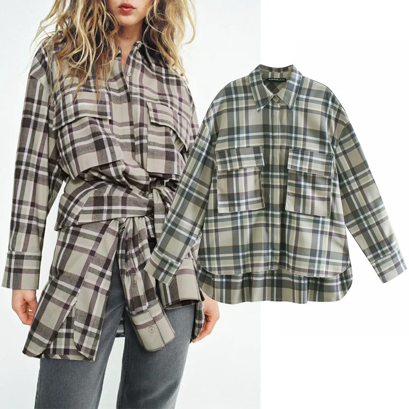 

LVWOMN Za Blouses Women 2021 Vintage Plaid Woman Shirt Spring Long-Sleeve Top Casual Loose Pocket Female Outerwear Chic Tops