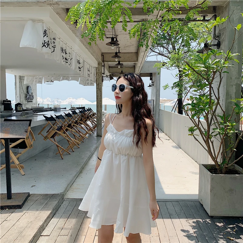 summer v-neck solid color sweet spaghetti strap mini-dress fashion brand Back cross Women's Clothing modis vestidos Korean style | Женская