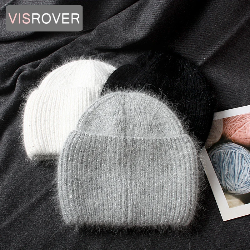 VISROVER 10 Colorway Unisex Solid Rabbit Fur Woman Winter Hat With Sequin Soft Autumn Bonnet Woman Warm Skullies Gift Wholesales