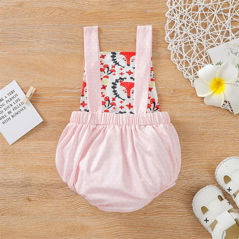

Baby Girls Casual Romper Red Cartoon Fox Printed Pattern Sleeveless Square Collar Playsuit For 0-24M Infants Clothing