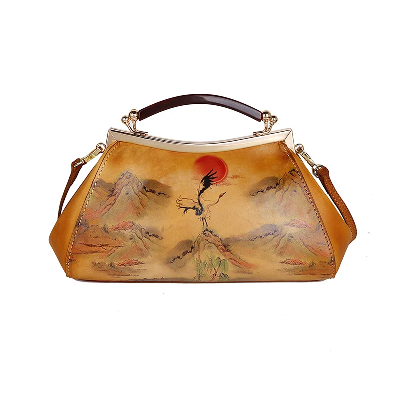 

Xiaoning Retro women's bag new Chinese style cheongsam head leather retro relief red sun crane hand painted clip bag