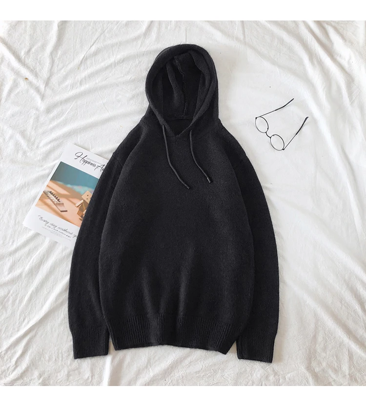 Winter Hooded Sweater Men's Warm Fashion Solid Color Casual Knit Pullover Men Wild Knitting Sweaters Male Sweter Clothes M-2XL
