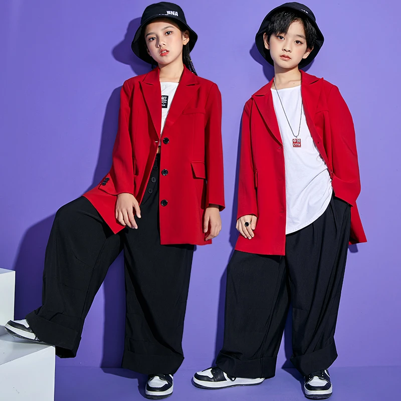 

Одежда для современных танцев в стиле хип-хоп для девочек, красное пальто с длинным рукавом, черные брюки, одежда для уличных танцев, наряды для джазовых танцев DQS8495