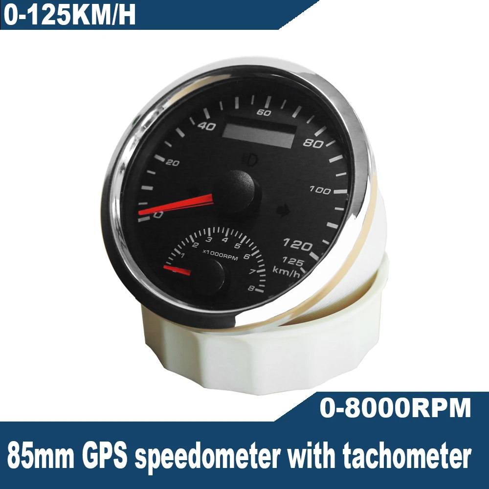

Universal 85mm GPS Speedometer 125KM/H with Tachometer 0-8000RPM Adjustable Odometer With GPS Antenna Mileage Adjustable12V/24V