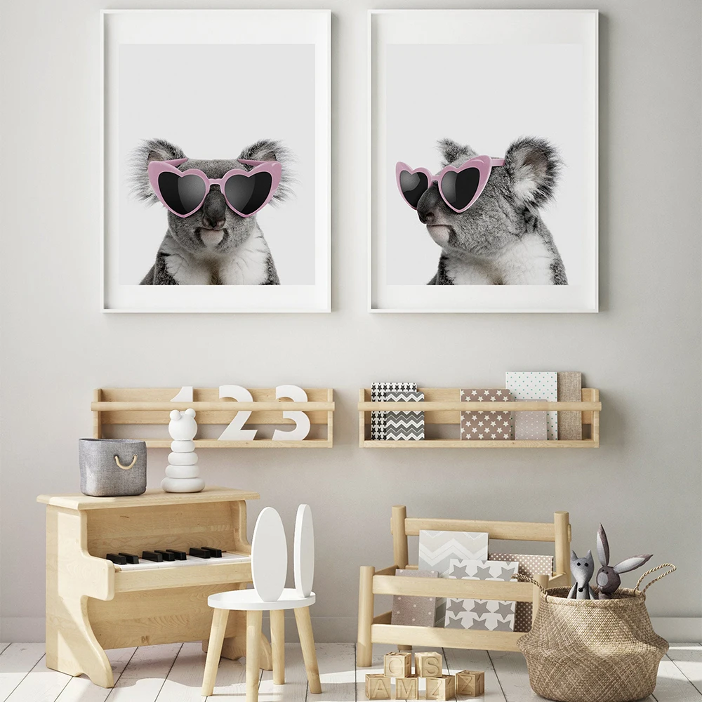 

Baby Koala Print Australian Animal Nursery Wall Art Funny Pink Glasses Canvas Painting Posters and Prints Kids Bedroom Decor