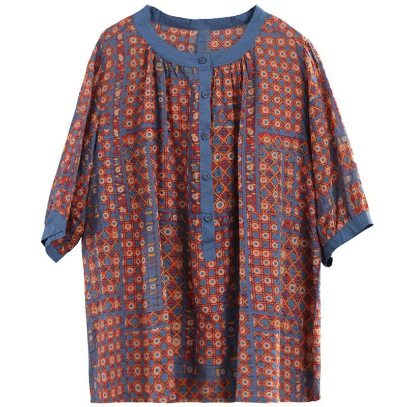 Женская Свободная блузка с принтом повседневная льняная круглым вырезом и