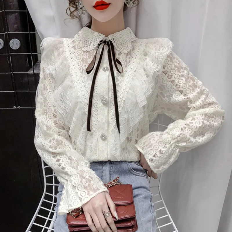 #2015 весенние кружевные женские рубашки с бантом и воротником лацканами