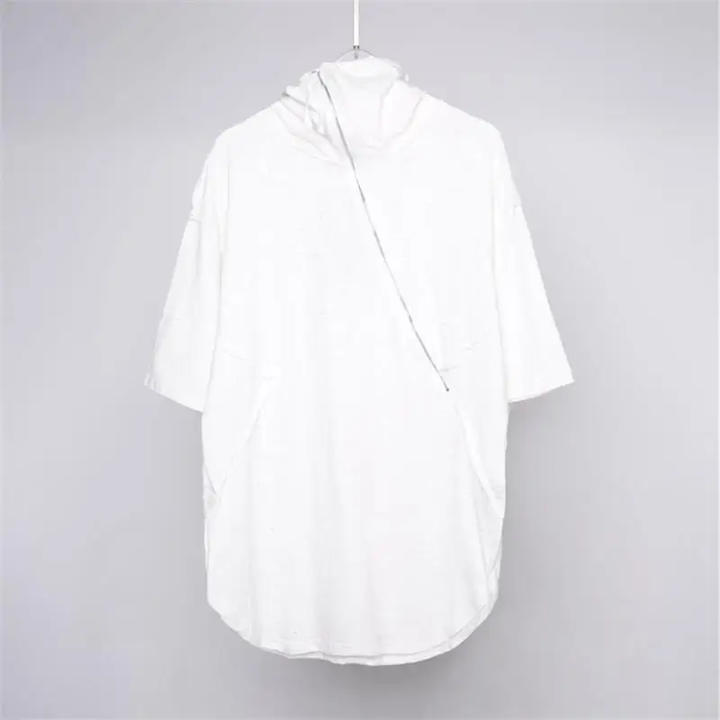 

Dark black stand collar zipper hole zipper strip stitching round neck half-sleeved T-shirt men's top tide brand loose bottoming