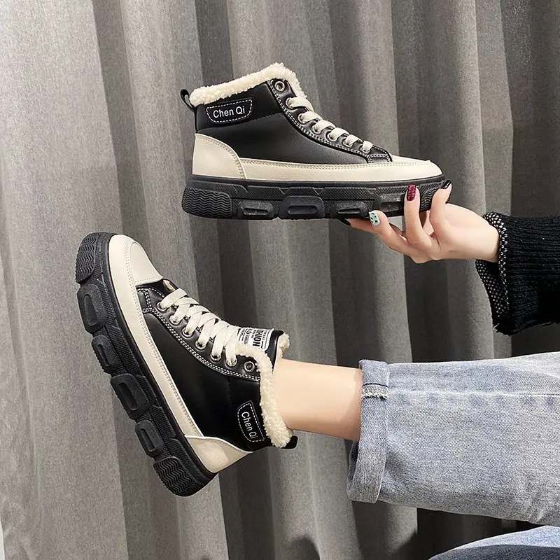 

Winter Woman Casual Shoes Girl Platform Concise Lace-Up Shallow Round Toe Thick Bottom Plush Warm Shoes Zapatillas De Mujer