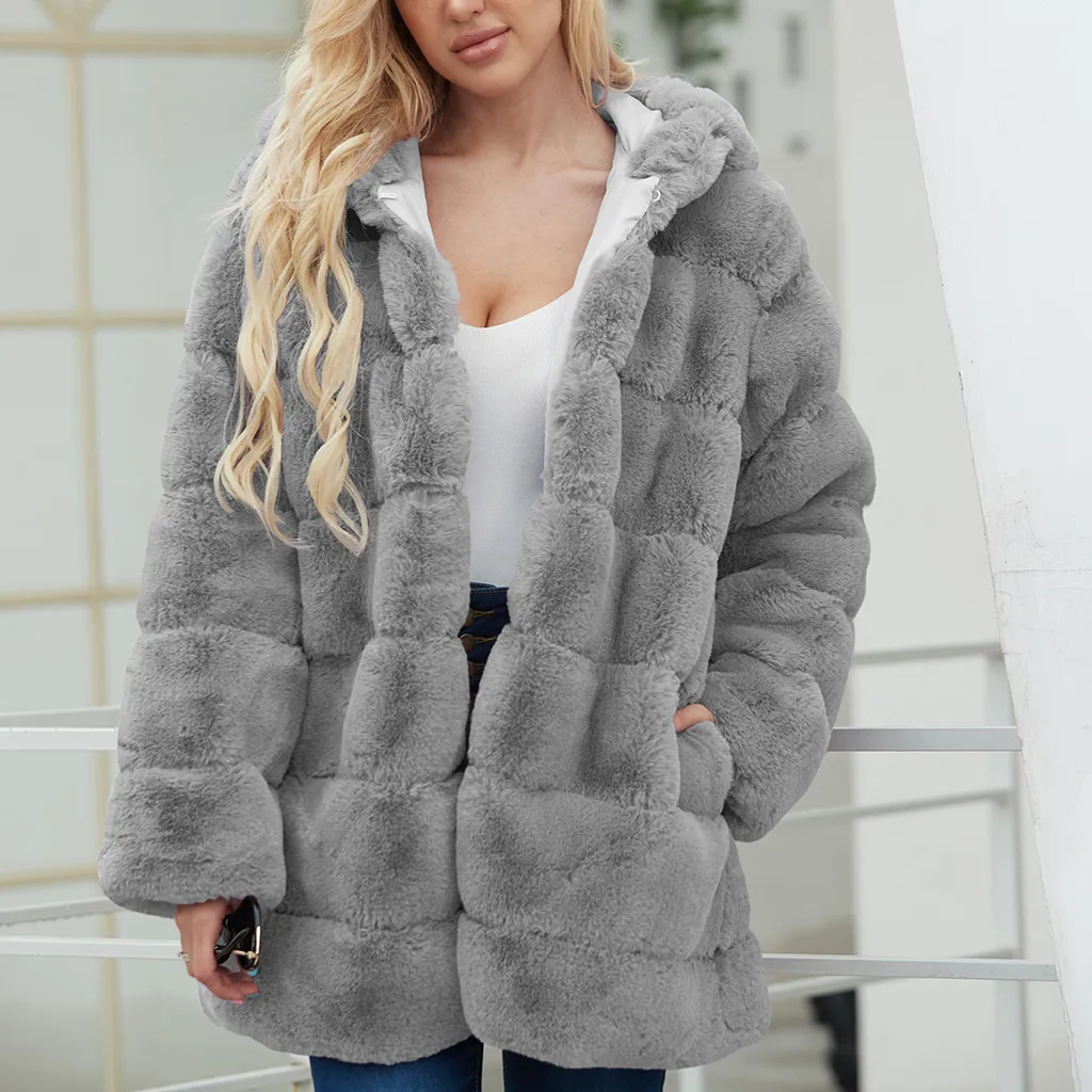 CHAMSGEND, Женское пальто из искусственного меха, с капюшоном, с воротником, с длинным рукавом, осень, зима, теплая куртка, верхняя одежда для женщин, мохнатое пальто, верхняя одежда