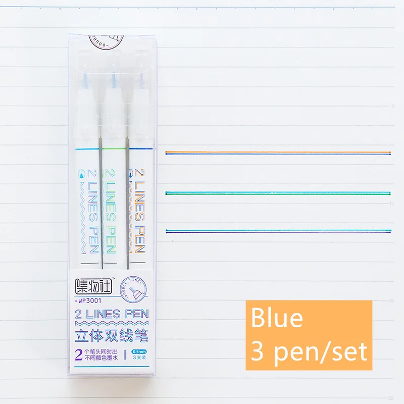Blue 3 pens Набор ручек с двумя линиями красного и синего цвета, чернила с 2 линиями, кончик для карандашей, рисование маркером, художественные ручки, скрапбукинг, канцелярские принадлежности для офиса и школы, F768 - Цвет: Blue 3 pens