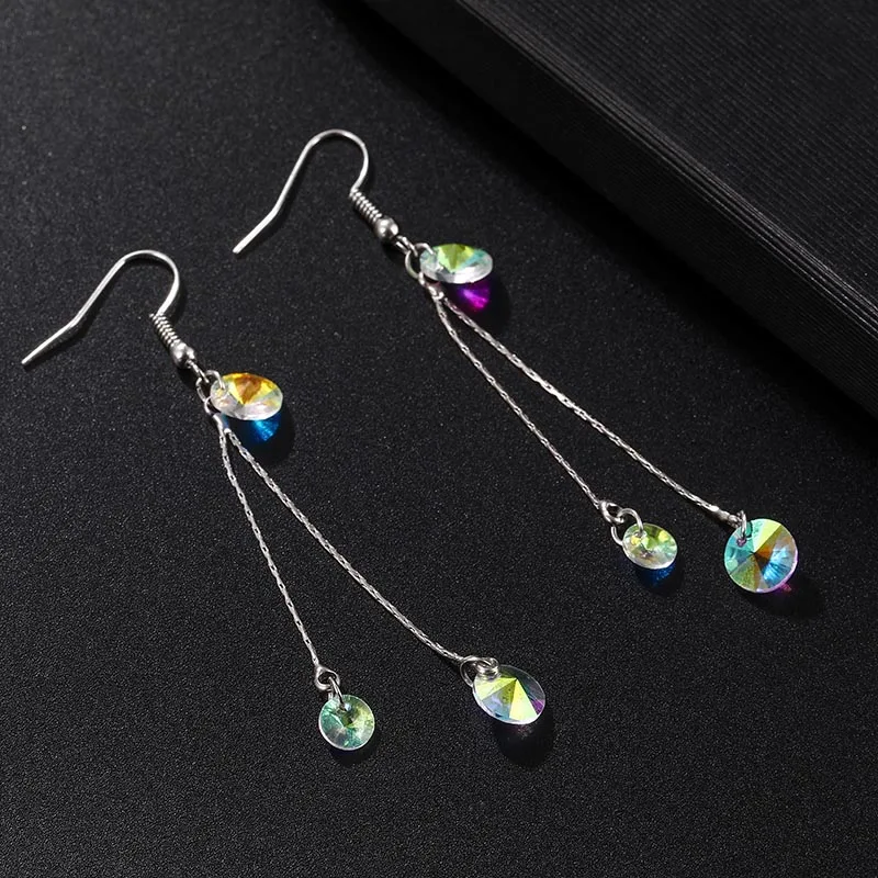 2019 корейские Цветные Висячие серьги с кристаллами Серебряные длинные кисточками
