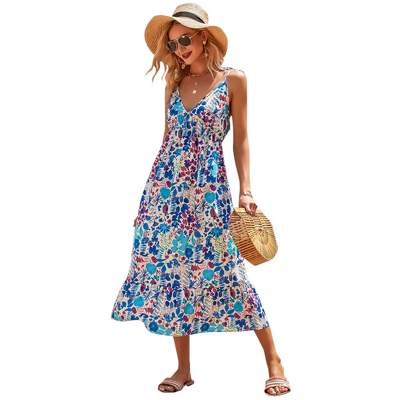 

Donsignet New Fashion Summer Women for Dress Temperament Sling High Waist Printed Dress Women Holiday Elegant Dress