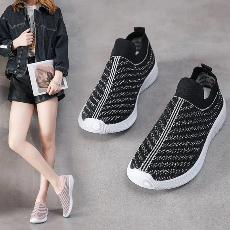 

New Spring Knitted Flat Ladies Slip on Female Footwear Plus Size 35-43 Womens Casual Shoes Woman Mesh Sneakers NVX246