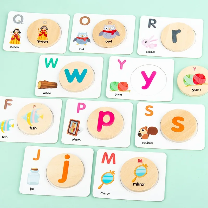 26 letras en ingl&eacute;s de tarjeta cognitiva beb&eacute; la educaci&oacute;n de la primera infancia hechizo palabra juego de la iluminaci&oacute;n de inteligencia de juguete de madera-3