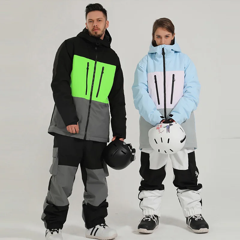 

New Winter Men Women Oversize Skiing Suit Outdoor Warm Windproof Waterproof Snowboarding Suit Patchwork Ski Jacket+Pants Suit