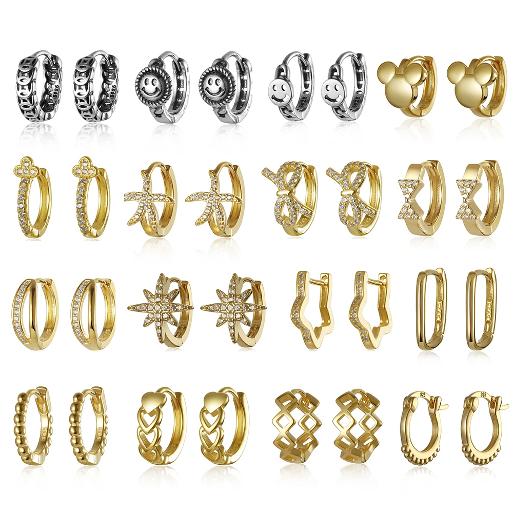 

1pcs Sterling Silver Earrings 925 Hoop Small Bulk Zircon Round Gold Star/heart/beads/flower/Smiley for Woman Trendy Luxury Jewel
