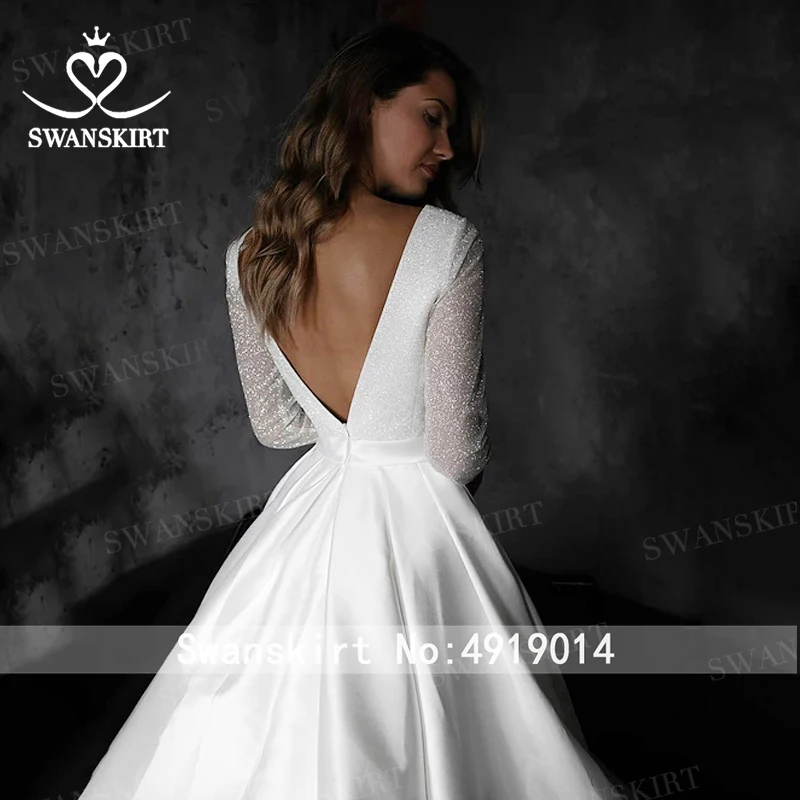 Stunning Satin Wedding Dress SwanSarah HZ32 Simple V-neck Long Sleeve A-Line Princess Bride Gown Customized Vestido De Novia | Свадьбы и
