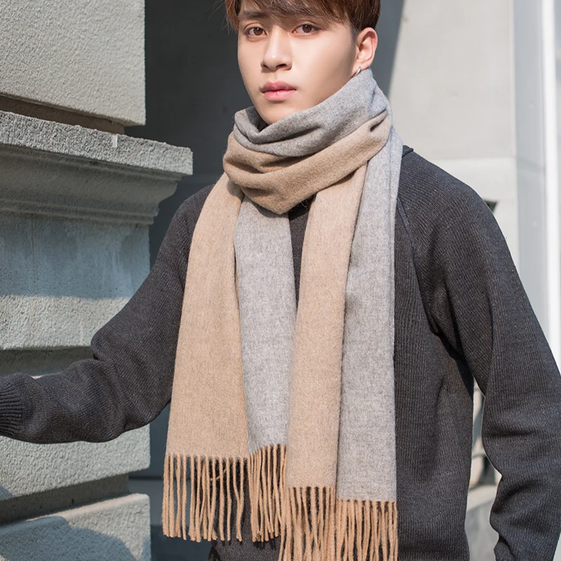 100% Wool Scarf Men Fashion Reversible Neckscarf Echarpe Luxury Brand Winter Cashmere Scarf Male Warm Solid Foulard Hommes