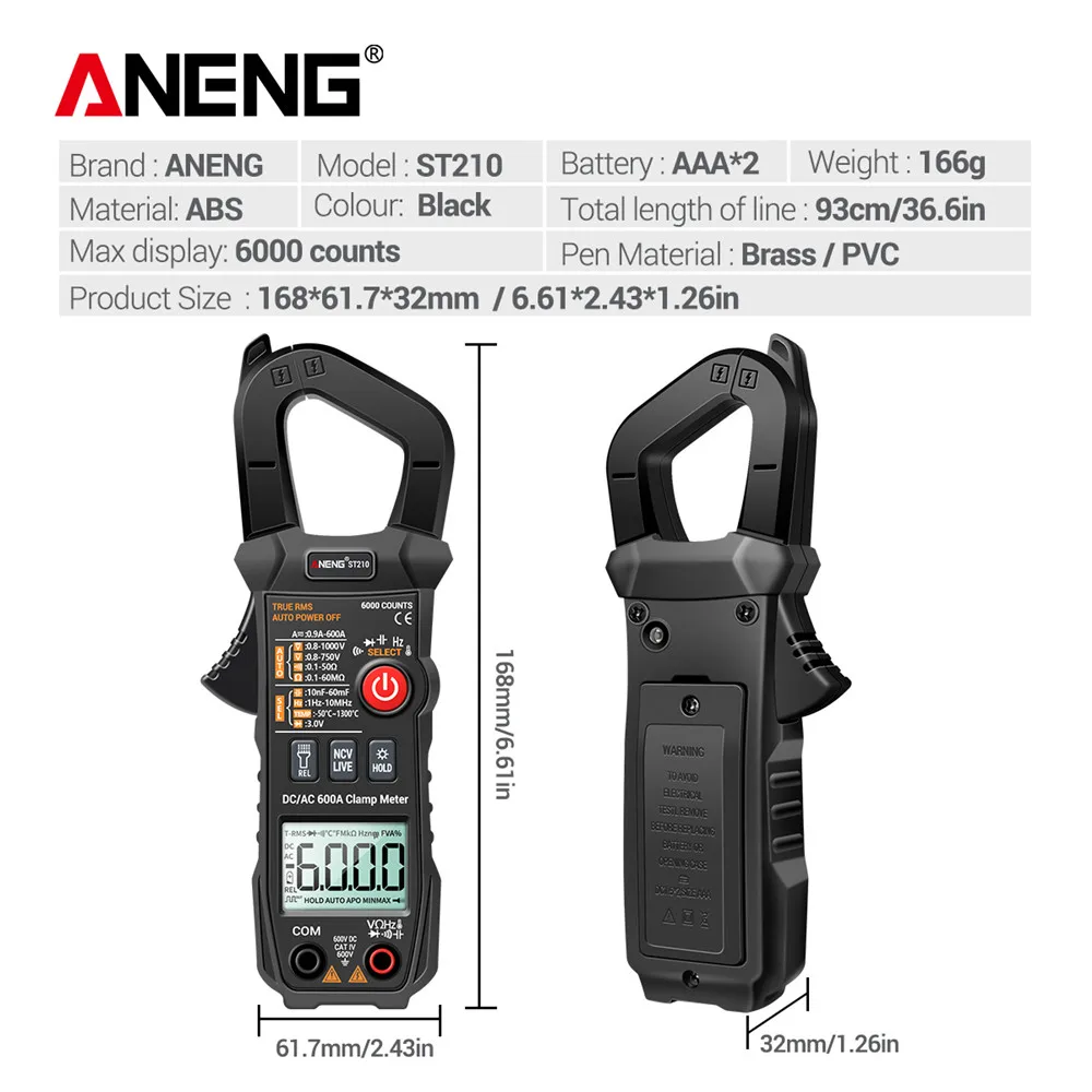 ANENG ST210 True RMS 6000 Counts  Professional Clamp Meter DC/AC 600A Digital Multimeter Clamp Current Tester for Eletric Tool