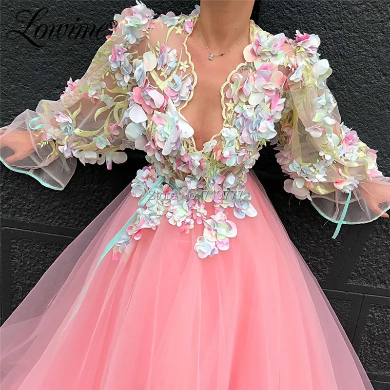 Pink Embroidery 3D Flower Prom Dresses Illusion V Neck Party Dress 2019 Dubai Arabic Long Sleeves Evening Gowns Robe De Soiree