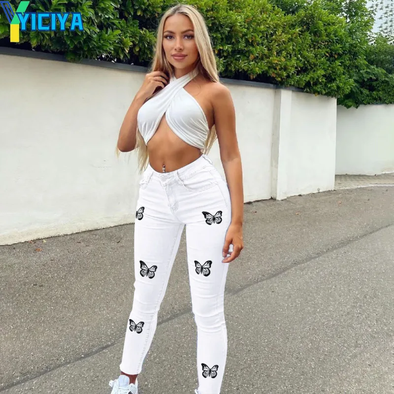 

Butterfly Pattern Jeans Women High Waist Stretch Slim Denim Trousers Autumn Befree Office Ladies Blue Casual Denim Pencil Pants