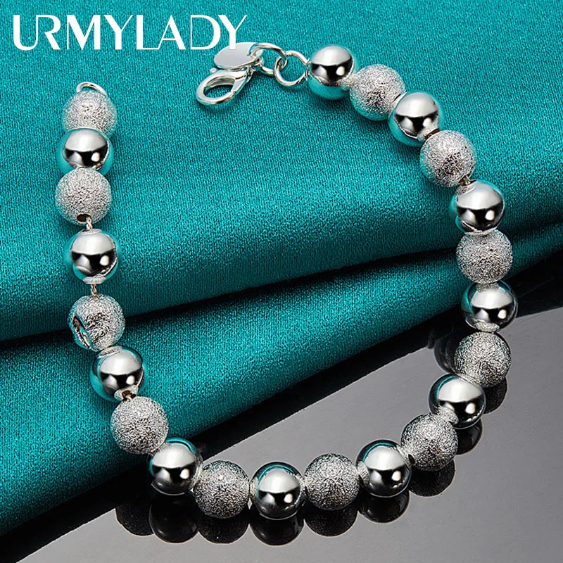 

URMYLADY 925 Sterling Silver Smooth Matte 8mm Beading Chain Bracelet For Women Men Wedding Party Fashion Jewelry