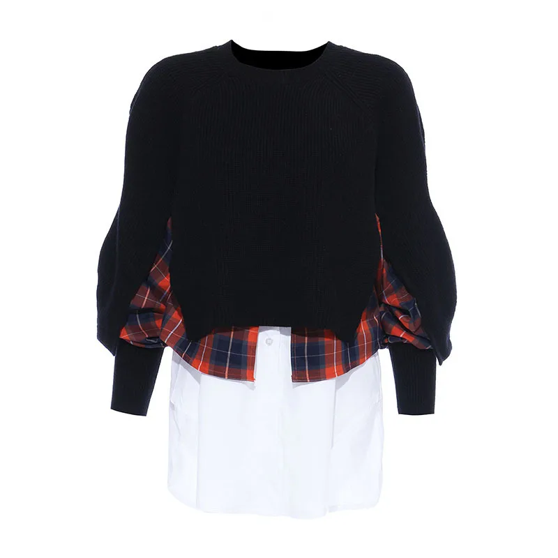 

DEAT Knitting Plaid Patchwork Sweater Loose Fit Round Neck Lanter Sleeve Women Pullovers New Fashion Spring Autumn 2021 GX225