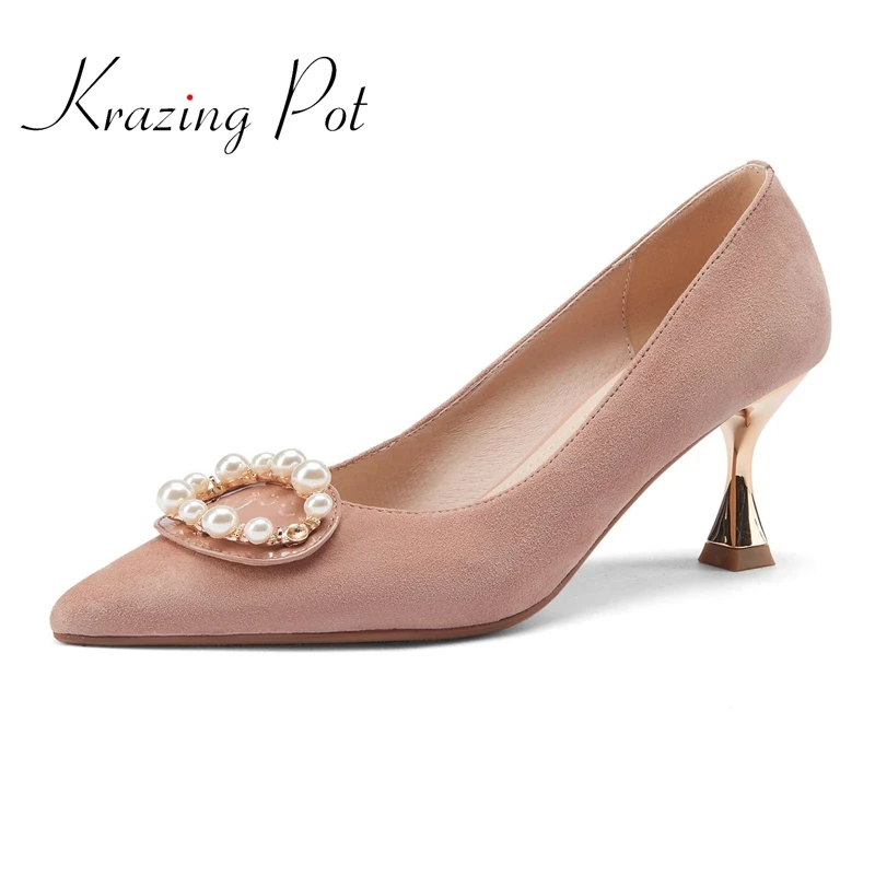 

Женские замшевые туфли-лодочки Krazing pot, острые туфли из овечьей замши на необычном высоком каблуке, украшенные жемчужинами, в Корейском стил...