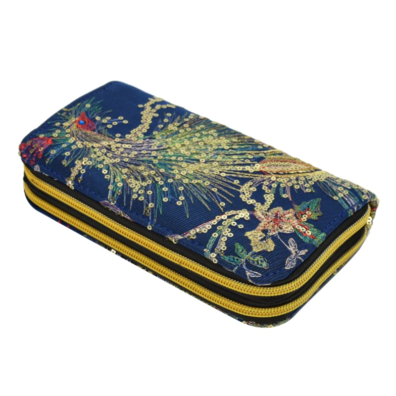 

New Women Clutch Bag National Double-sided Peacock Embroidery Purse Canvas Long Wallet Two Zipper Mobile Phone Small Coin Bag