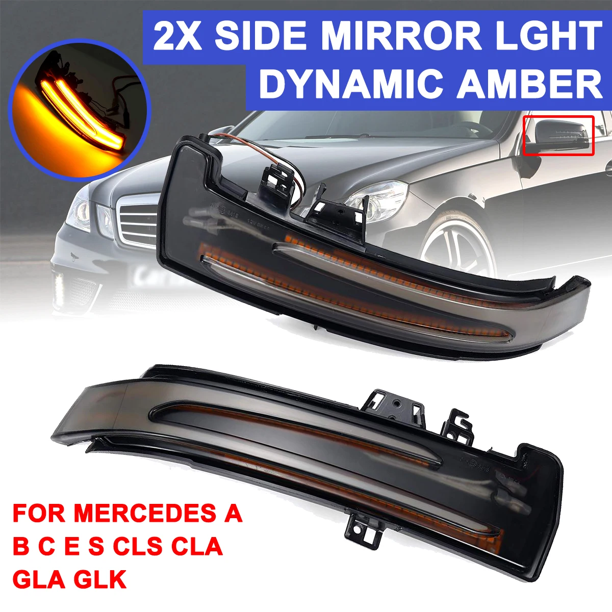 

Highlight LED Car Dynamic Flowing Turn Light Rearview Mirror Signal Lamp Yellow For Mercedes Benz A B S C E GLA GLK