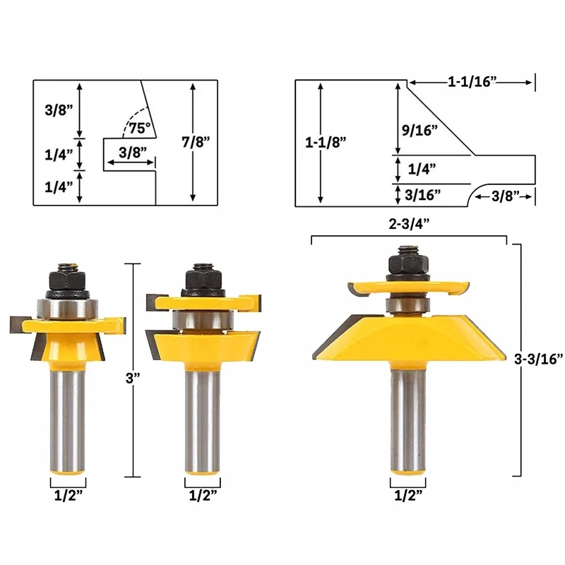 3pcs 12mm 1/2 Shank Rail Stile Router Bit Set Door Woodworking Cutter Mortise and Tenon Cutter Woodworking Tools MC03054