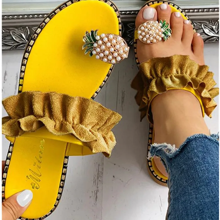 

Pineapple Set Toe Sandals Slippers Women Casual Flat-bottomed Lotus Leaf Side Girl Heart Flat Slippers Indoor Slippers