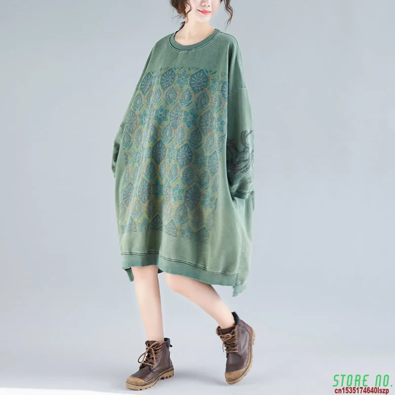 

Мешковатые штаны размера плюс платье с принтом с длинными рукавами и круглым вырезом с принтом Винтаж платье Повседневное рукав «летучая м...