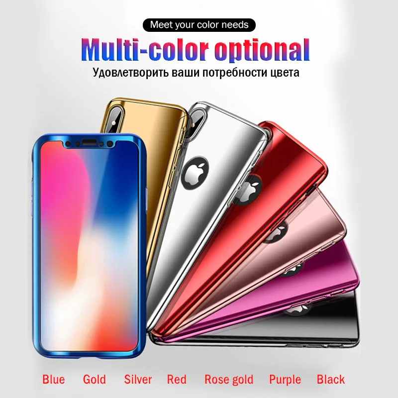 Покрытие 360 Полное покрытие для Apple iphone 7 iphone X Xr Xs Max зеркальный чехол для телефона для iphone 7 8 6 6S Plus блестящая Капа со стеклом