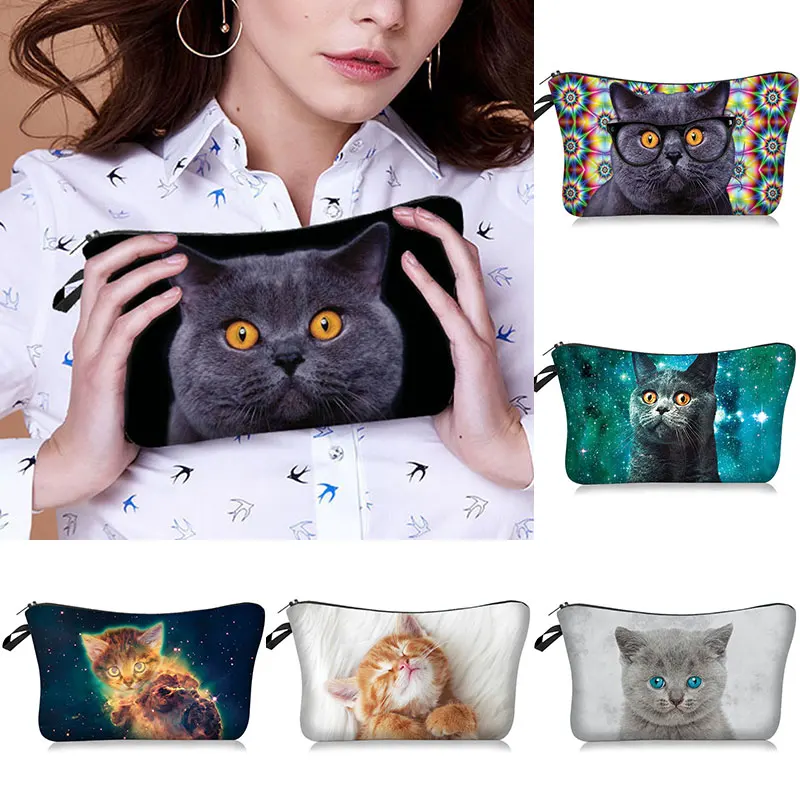 

Cute Cat Print Cosmetic Case Women Makeup Bags Cartoon Kitten Cosmetic Bags Girls Storage Bag Funny Cat Cosplay Mona Lisa