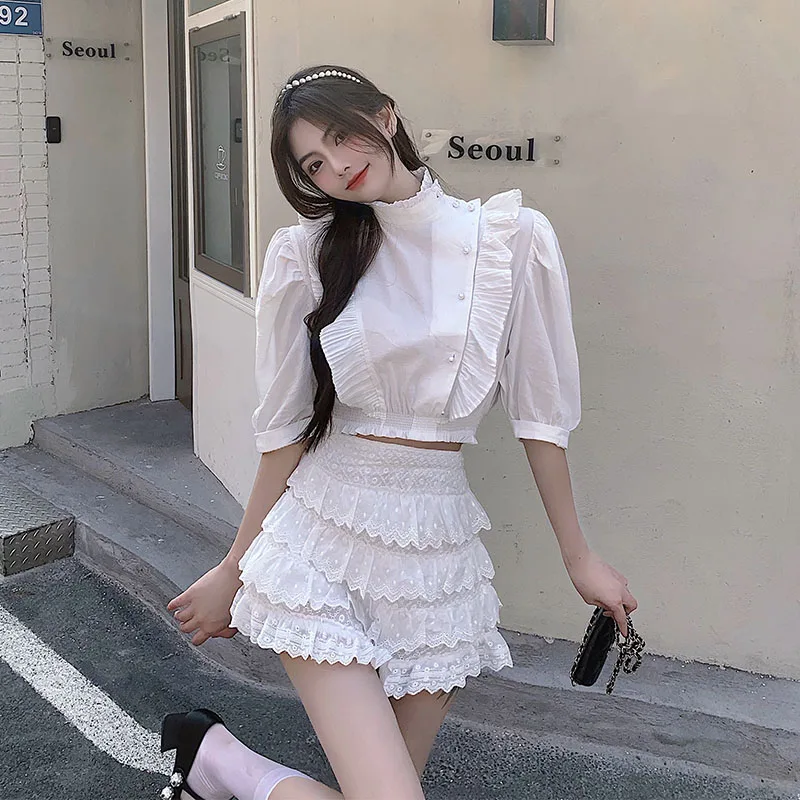 

2021 summer white cotton lace summer floral embroidery temperament waist bubble sleeve lace collar jacket+lace foreign cake skir