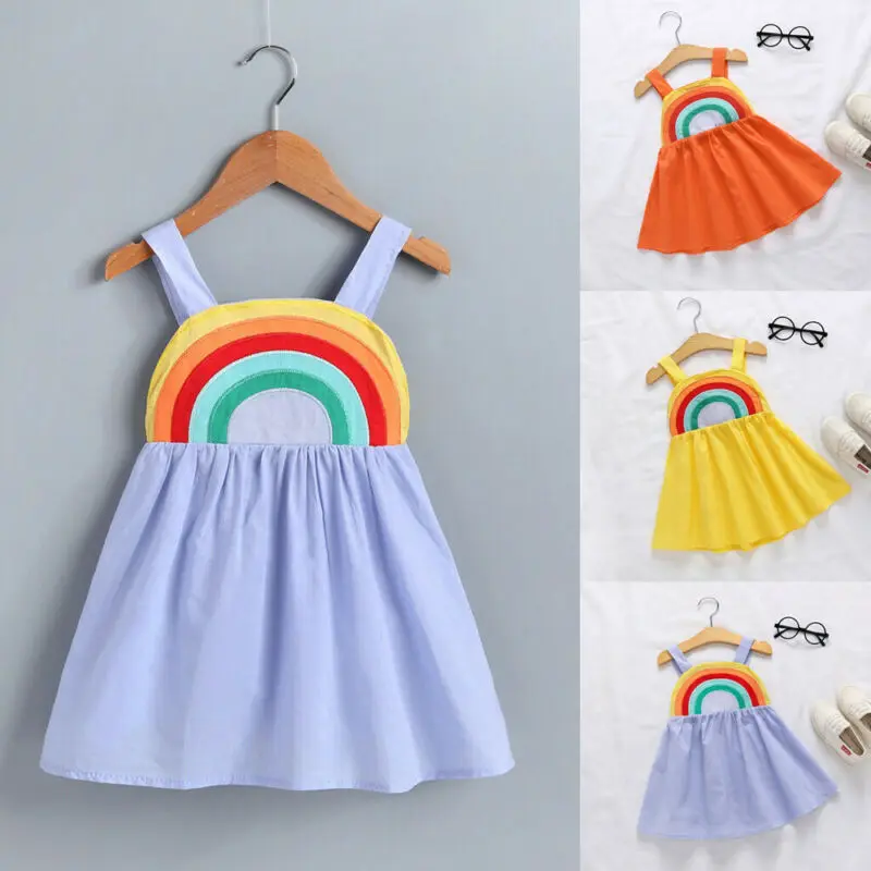 Платье для девочек летняя одежда маленьких короткое Радужное платье на бретелях