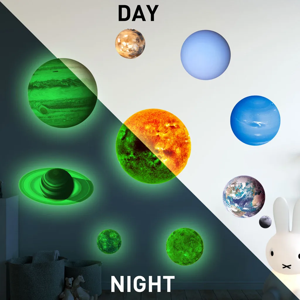 10 Planets Solar System Fluorescent Luminous PVC Wall Stickers Glow In Dark Ten Galaxy Kids Bedroom Decal | Дом и сад