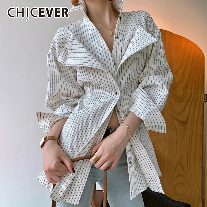 

CHICEVER корейский стиль, лоскутные рубашки в полоску для женщин, с отворотом, с длинным рукавом, с рюшами, имитация двух рубашек, Женская мода 2022...
