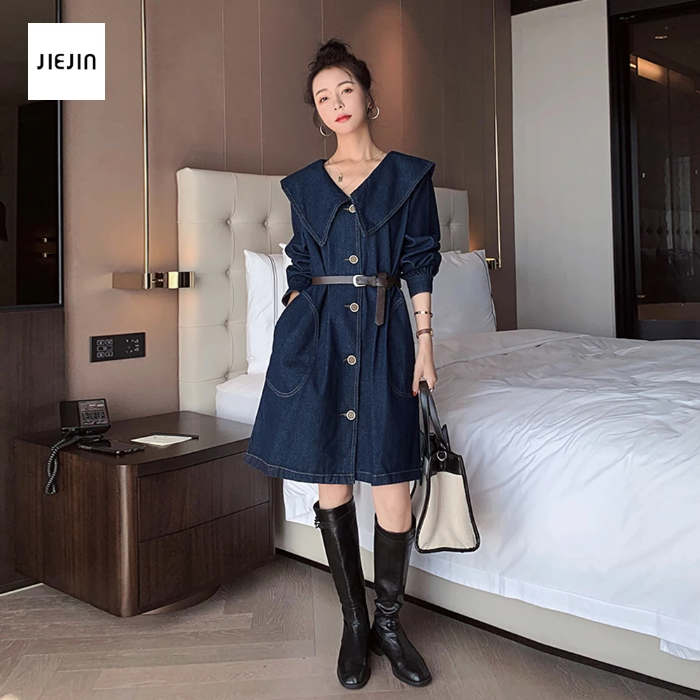 

Женское джинсовое платье с длинным рукавом, осень 2020, новые синие платья с регулируемой талией, свободное Хлопковое платье, женское платье, ...