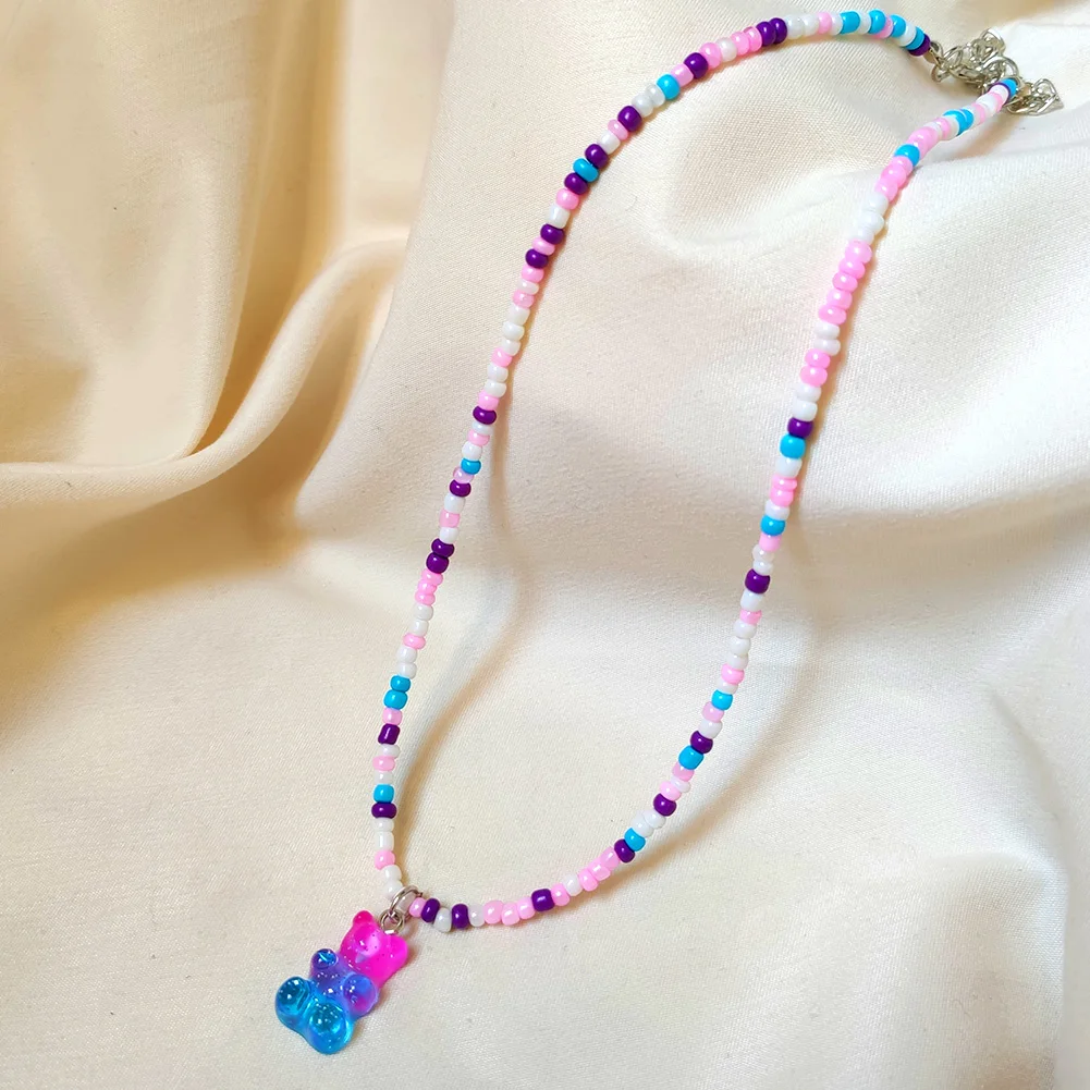 Новое корейское ожерелье с подвеской в виде мишки из жевательного бисера для