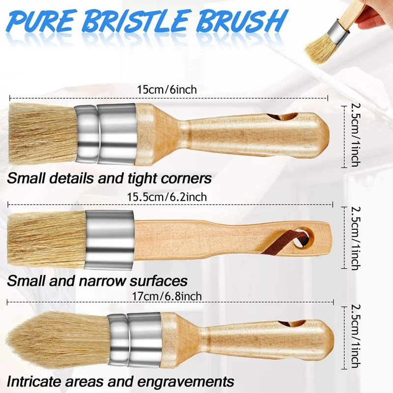 Chalk and Wax Paint Brush Large 2-In-1 Round Natural Bristles Painting Tool with 3 Pieces Brushes |