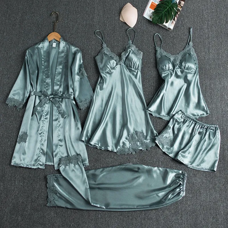 Spring Pajamas Suit Sexy Five Piece Set SEXY Lace Trim Wedding Robe Set Kimono Bathrobe Gown Thin Silk Sleepwear Home Clothes