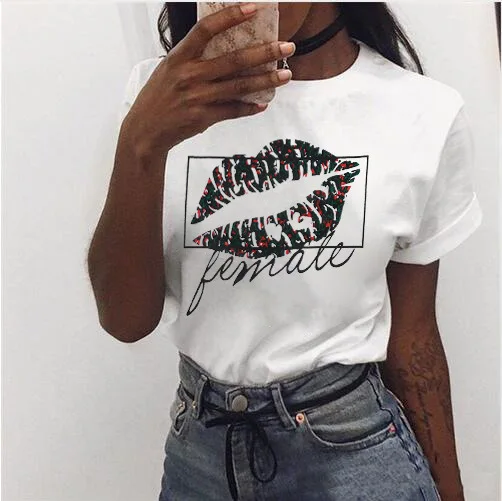 

Sexy Black Lip Print T Shirt Women Short Sleeve O Neck Loose White Tshirt 2019 Summer Women Tee Shirt Tops Fashion Woman 2021