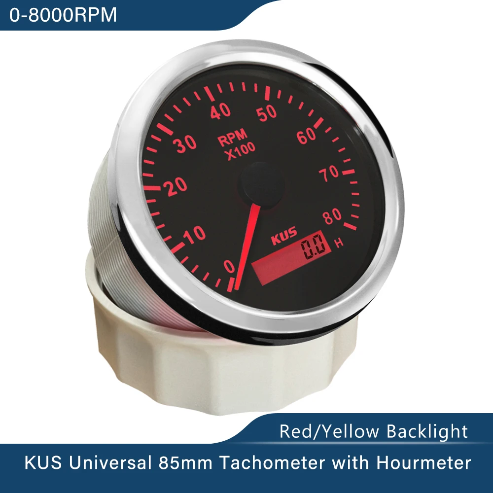 

KUS Marine 85mm Tachometer Gauge With Hour Meter RPM Tachometer 3K 4K 6K 8K RPM 12V 24V With Red Yellow Backlight for Car Yacht