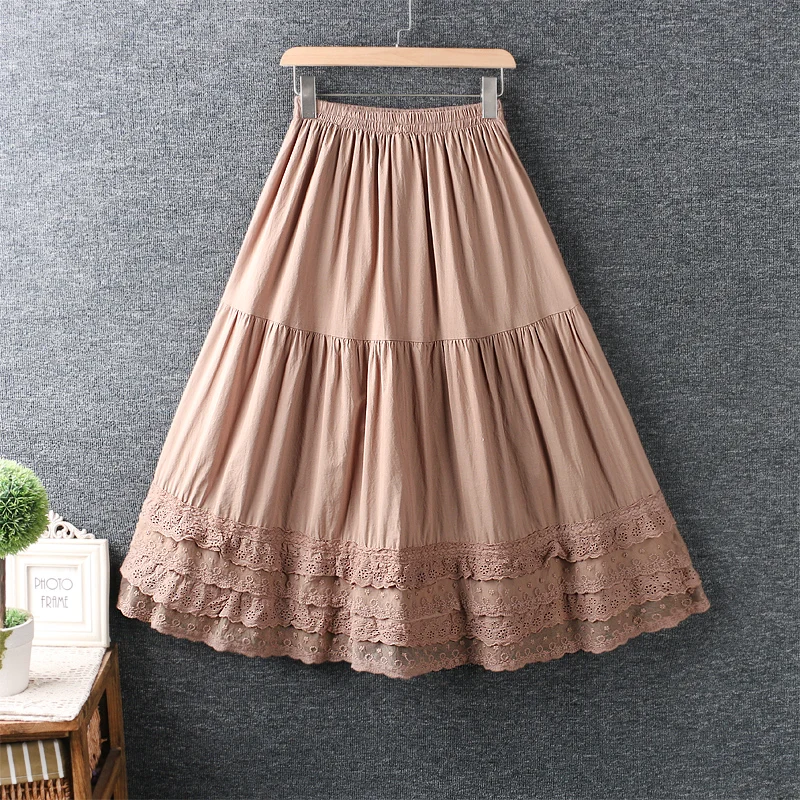 

Женская тонкая хлопковая юбка-трапеция, однотонная Свободная юбка в японском стиле девушки Мори с вышивкой и кружевом, Новинка лета 2021