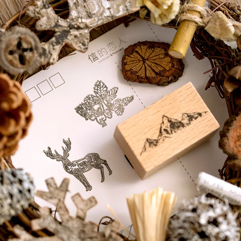 Винтажные лесные животные растения сосновая древесина печать звездное небо