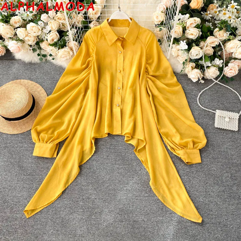 

ALPHALMODA 2020 Autumn Women Lantern Sleeve Irregular Fashion Chiffon Blouse Turn-down Collar Single Breasted Loose Solid Shirt