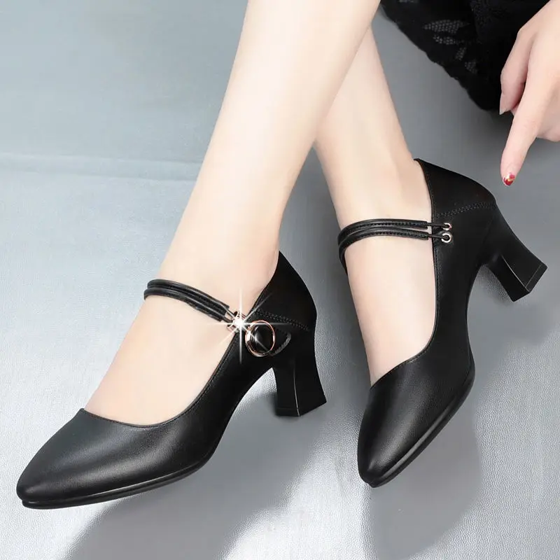 

Zapatos De Mujer Women Fashion Pointed Toe Black Pu Leather Buckle Strap Square Heel Shoes Femmes Talons Hauts Pumps B9652
